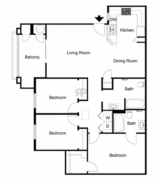 Floor plan for 3 beds, 2 baths, 1125 sqft